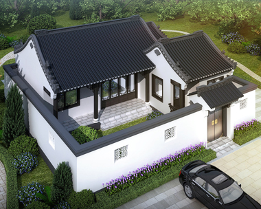 一层带庭院新中式古典风格小别墅设计施工图纸13mX14m
